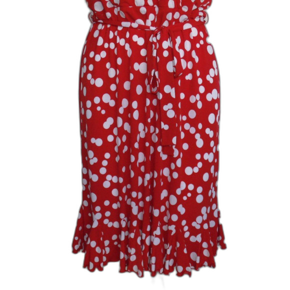 GLAMOUR Dress, 8, Red, White Ditzy Polka dots, Sleeveless, Sash belt, VINTAGE - Picture 7 of 13